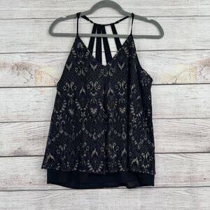 Lucky Brand Lace Multi Strap Blouse Womens Small Black‎ Gold Lined Adjustable